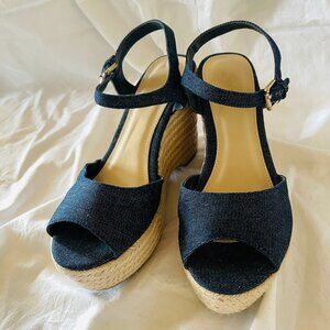 Denim Jute Wedge Ankle Strap Open Toe Espadrille Sandals
